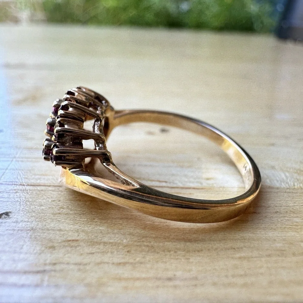 Vintage Jostens Statement Ring Stamped 14k Gold Ruby Cluster Sz 7.5 JJ Logo 3.8g